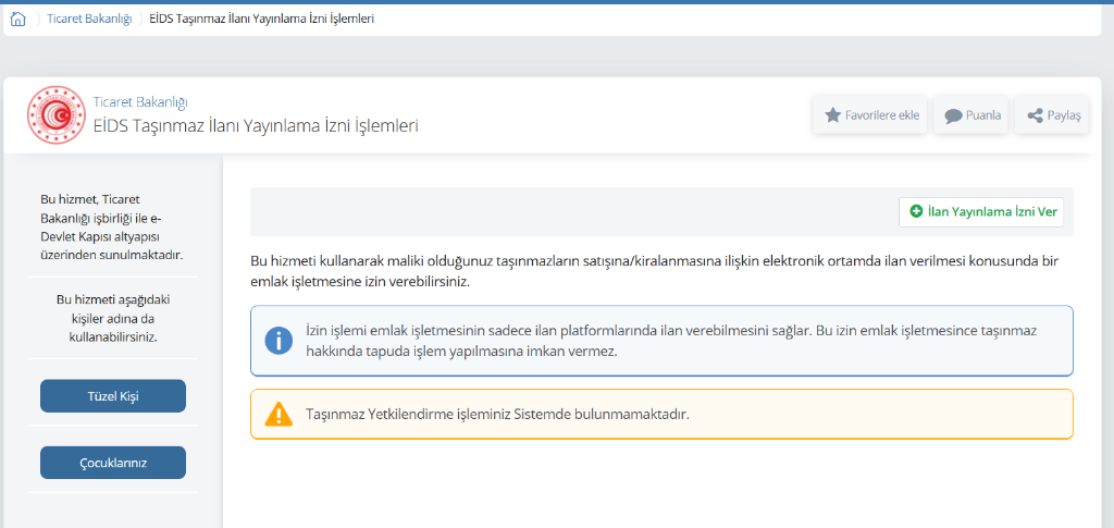 1. Adım: e-Devlet Girişi & '+ İlan Yayınlama İzni Ver' Butonu