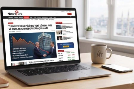 Dijital haber portalı ekranını inceleyen editör